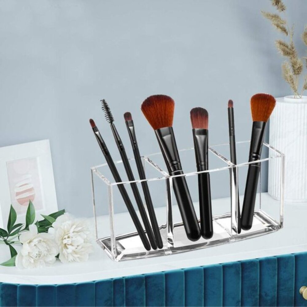 New Acrylic Makeup Brush Organizer, Clear 3-Slot Holder for Cosmetic Brushes - Picture 5 of 7